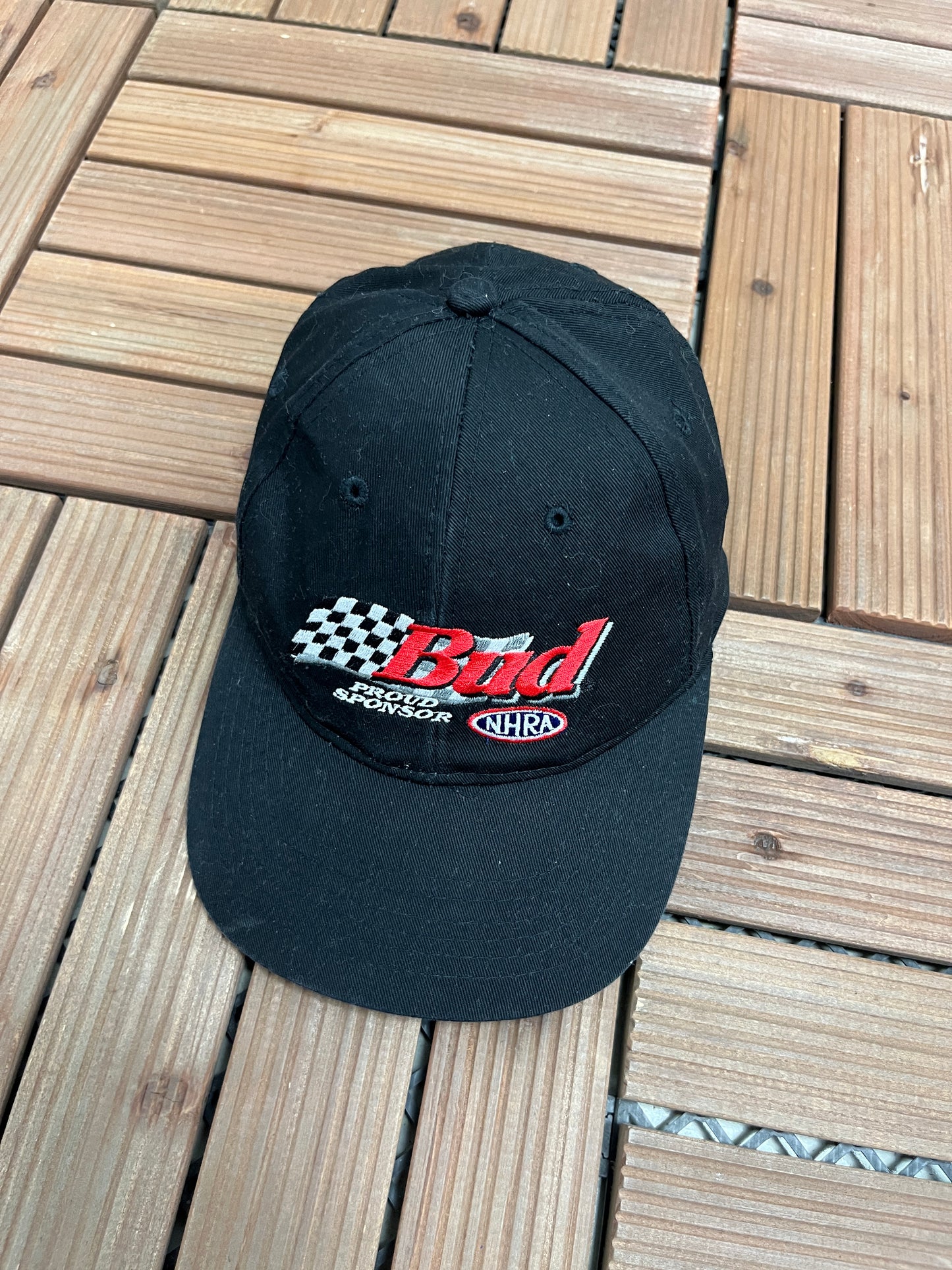 Bud Proud Sponsor of NHRA Graphic Hat | Metal Clasp | Vintage 1990s Promotional Black Cap |