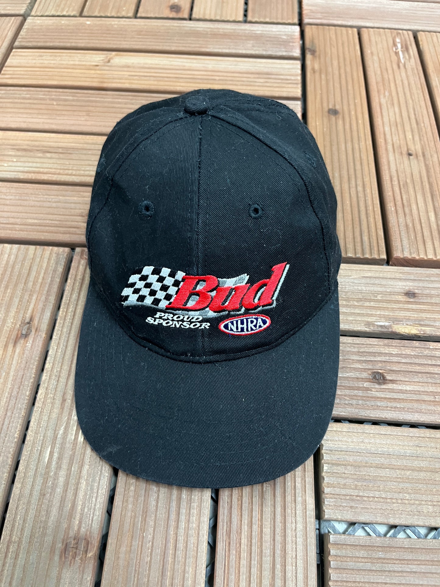 Bud Proud Sponsor of NHRA Graphic Hat | Metal Clasp | Vintage 1990s Promotional Black Cap |