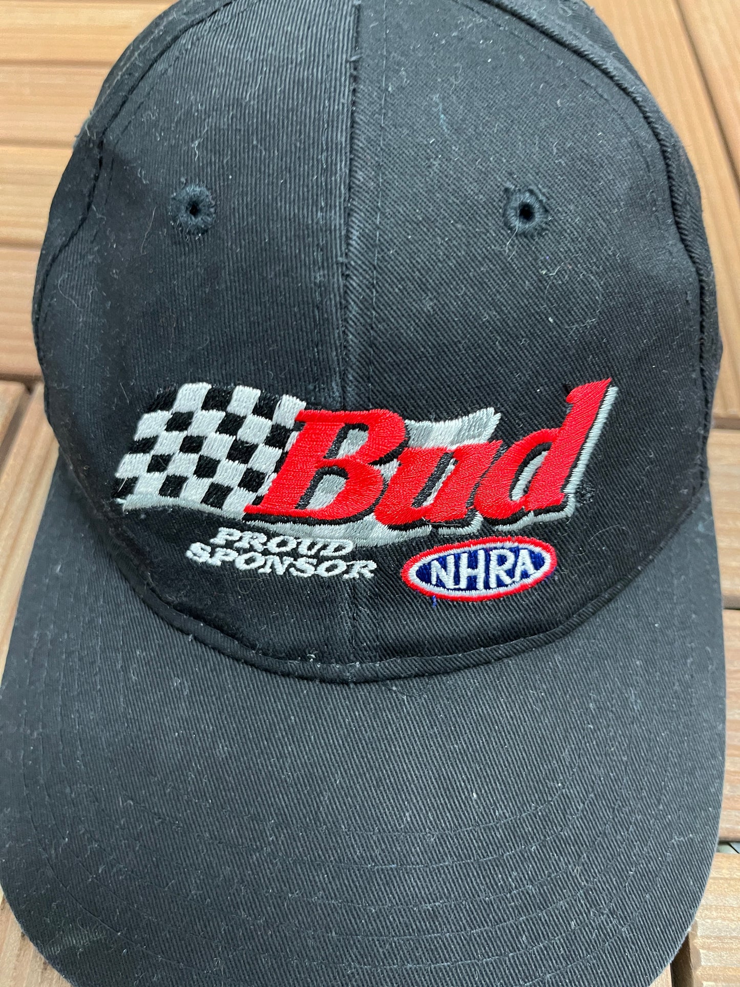 Bud Proud Sponsor of NHRA Graphic Hat | Metal Clasp | Vintage 1990s Promotional Black Cap |