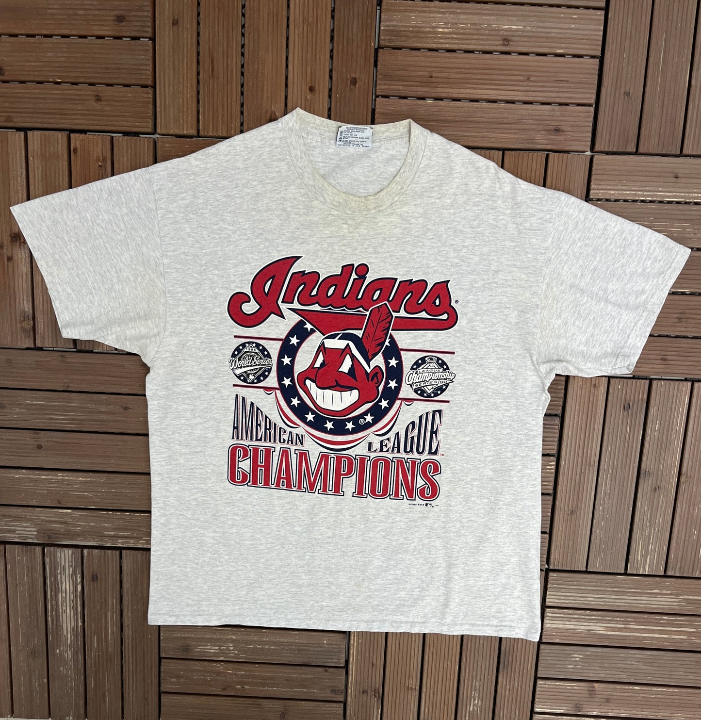 Cleveland Indians American League Champions Graphic Tee | Size X-Large | Vintage 1990s MLB Baseball Grey T-Shirt |