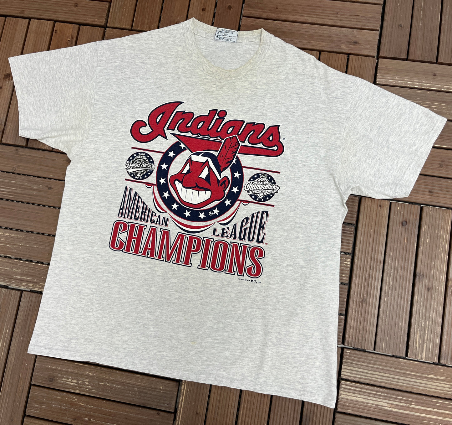 Cleveland Indians American League Champions Graphic Tee | Size X-Large | Vintage 1990s MLB Baseball Grey T-Shirt |