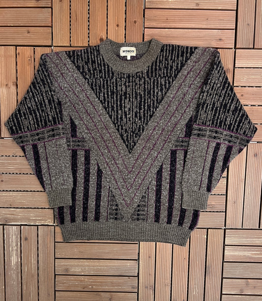 Mondo Patterned Knit Crewneck | Size X-Large | Vintage 1990s Branded Grey Knit Sweater |