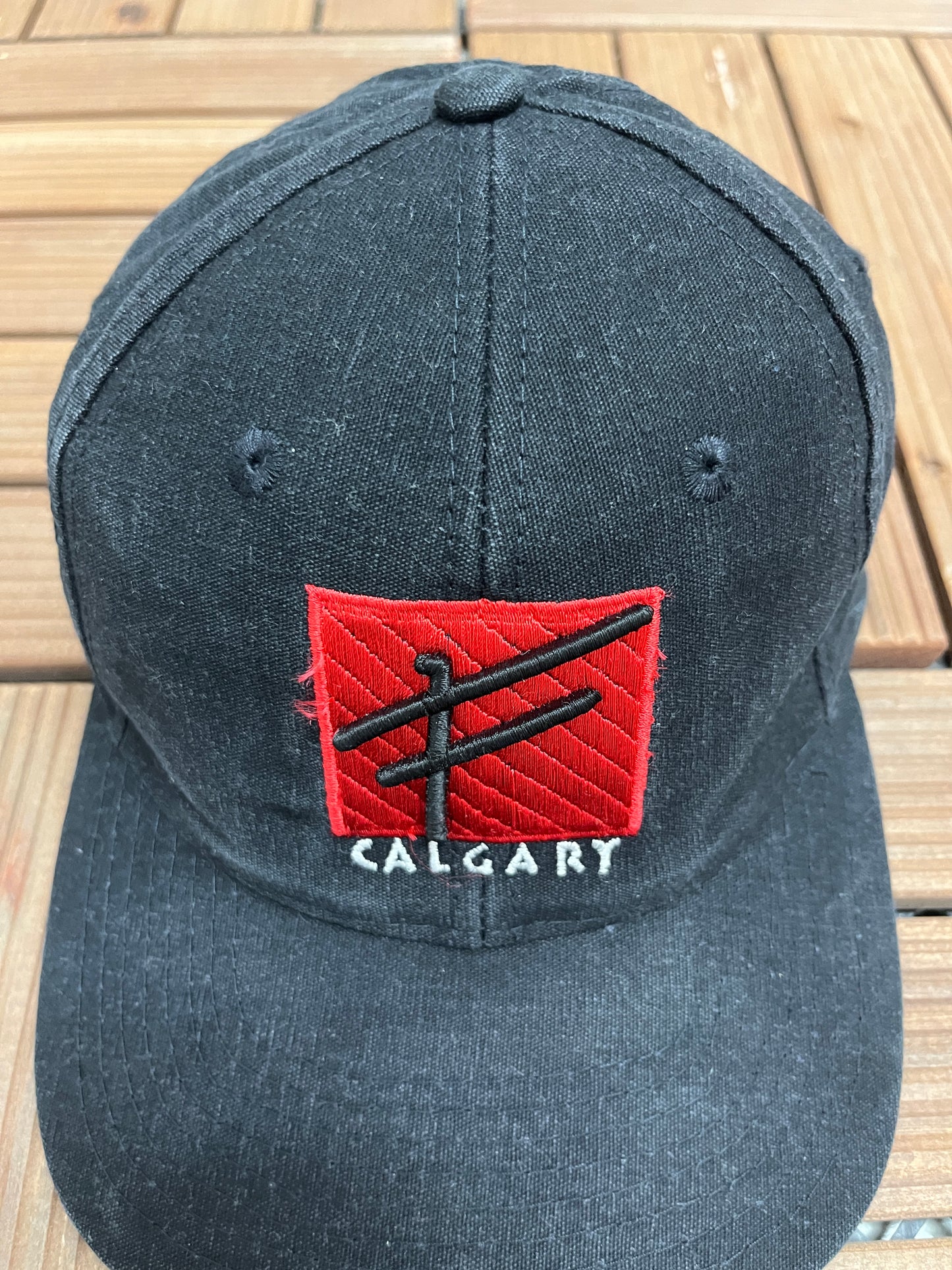 Calgary Flames Embroidered Graphic Hat | Strap Back | Vintage 2000s Sports Specialties Black Cap |