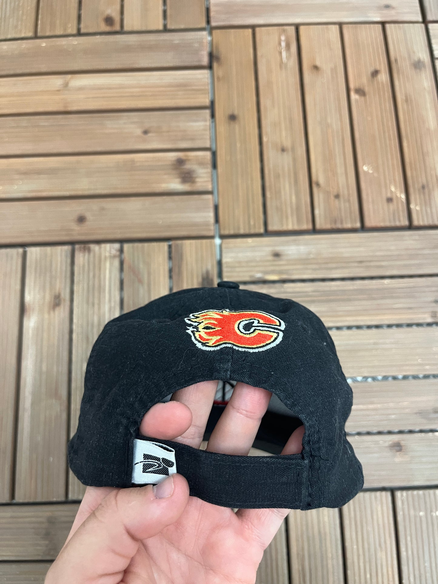 Calgary Flames Embroidered Graphic Hat | Strap Back | Vintage 2000s Sports Specialties Black Cap |