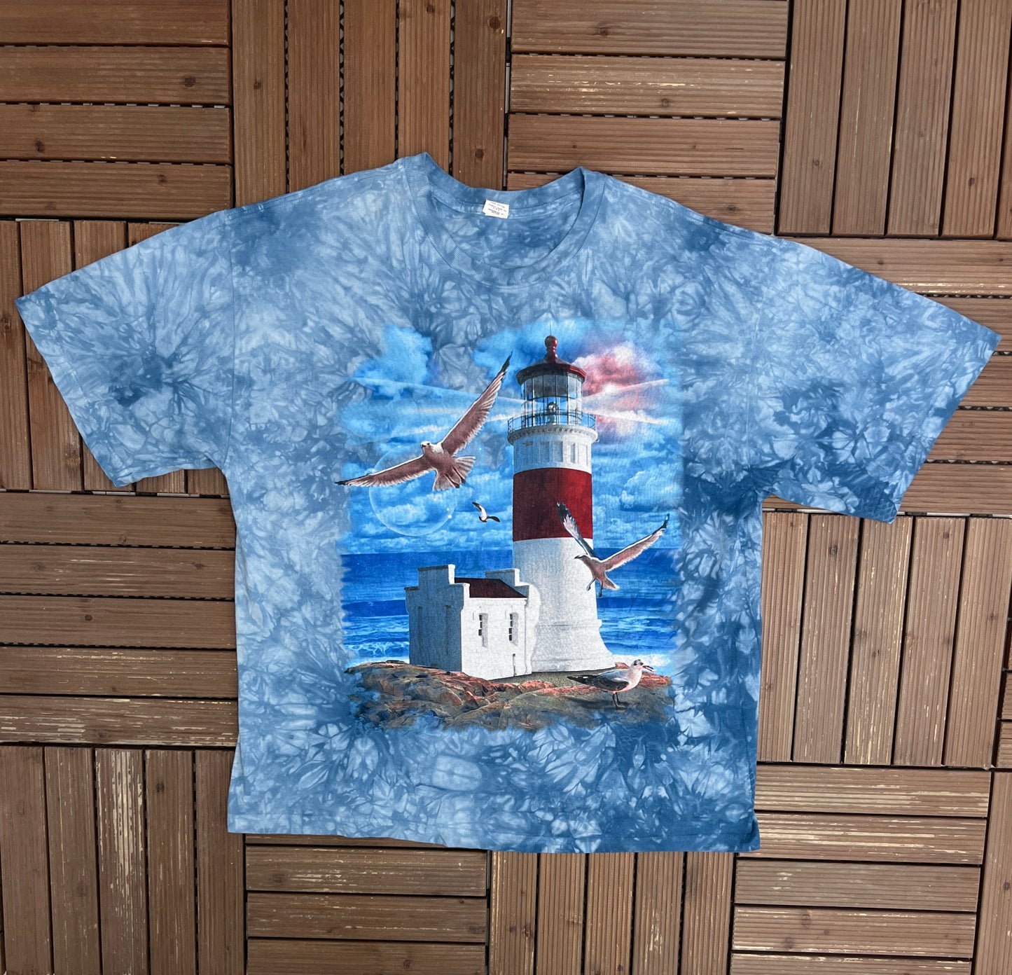 Lighthouse Scenic Graphic Tee | Size X-Large | Vintage 2000s Tie Dye Blue T-Shirt |