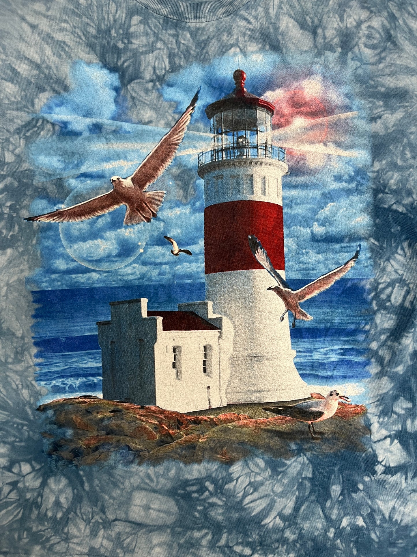 Lighthouse Scenic Graphic Tee | Size X-Large | Vintage 2000s Tie Dye Blue T-Shirt |