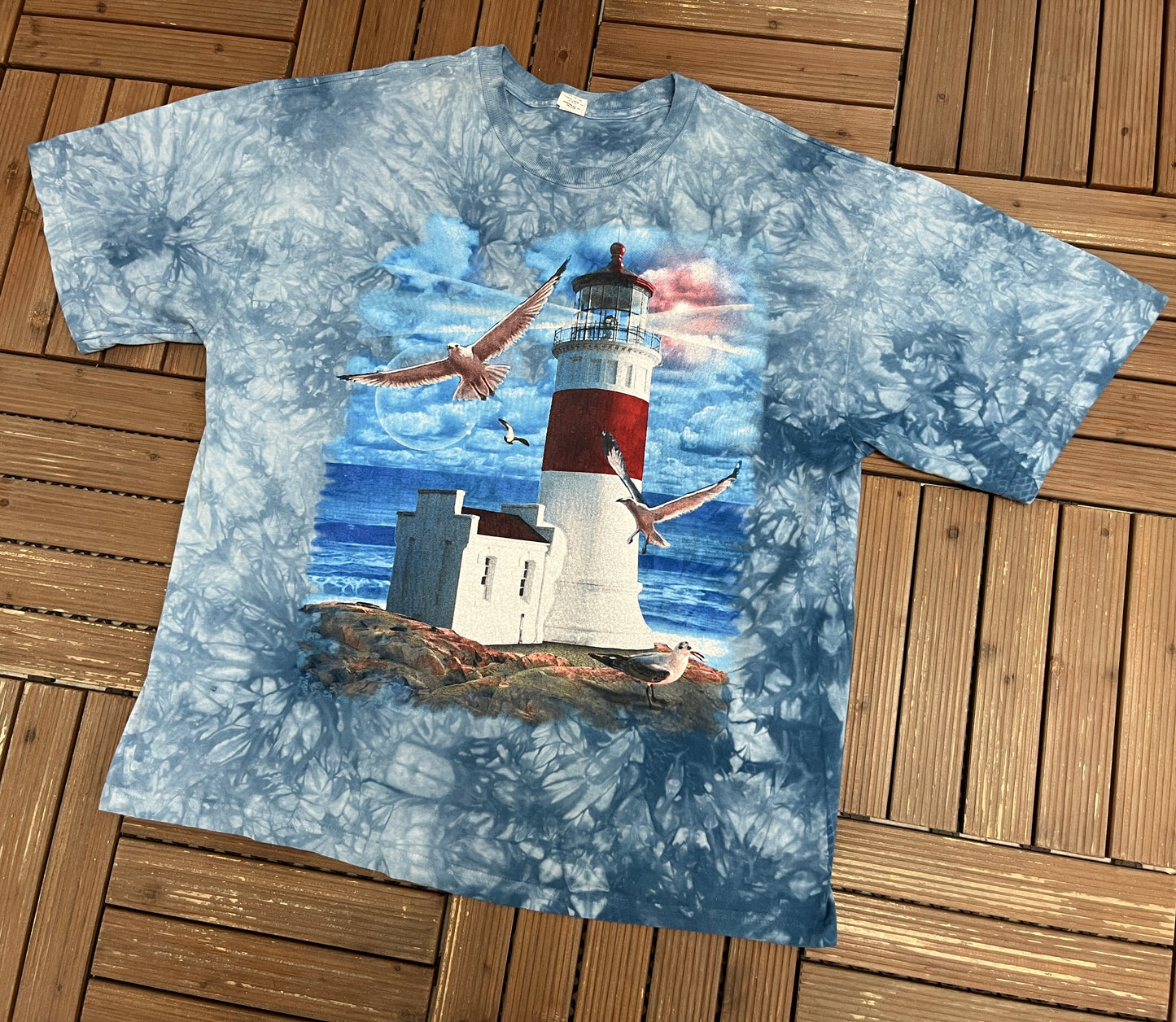 Lighthouse Scenic Graphic Tee | Size X-Large | Vintage 2000s Tie Dye Blue T-Shirt |