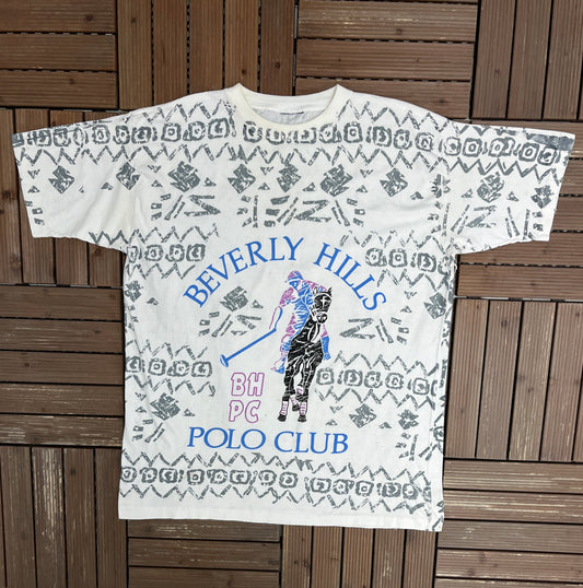 Beverley Hills Polo Club Graphic Tee | Size XX-Large | Vintage 1990s AOP White T-Shirt |