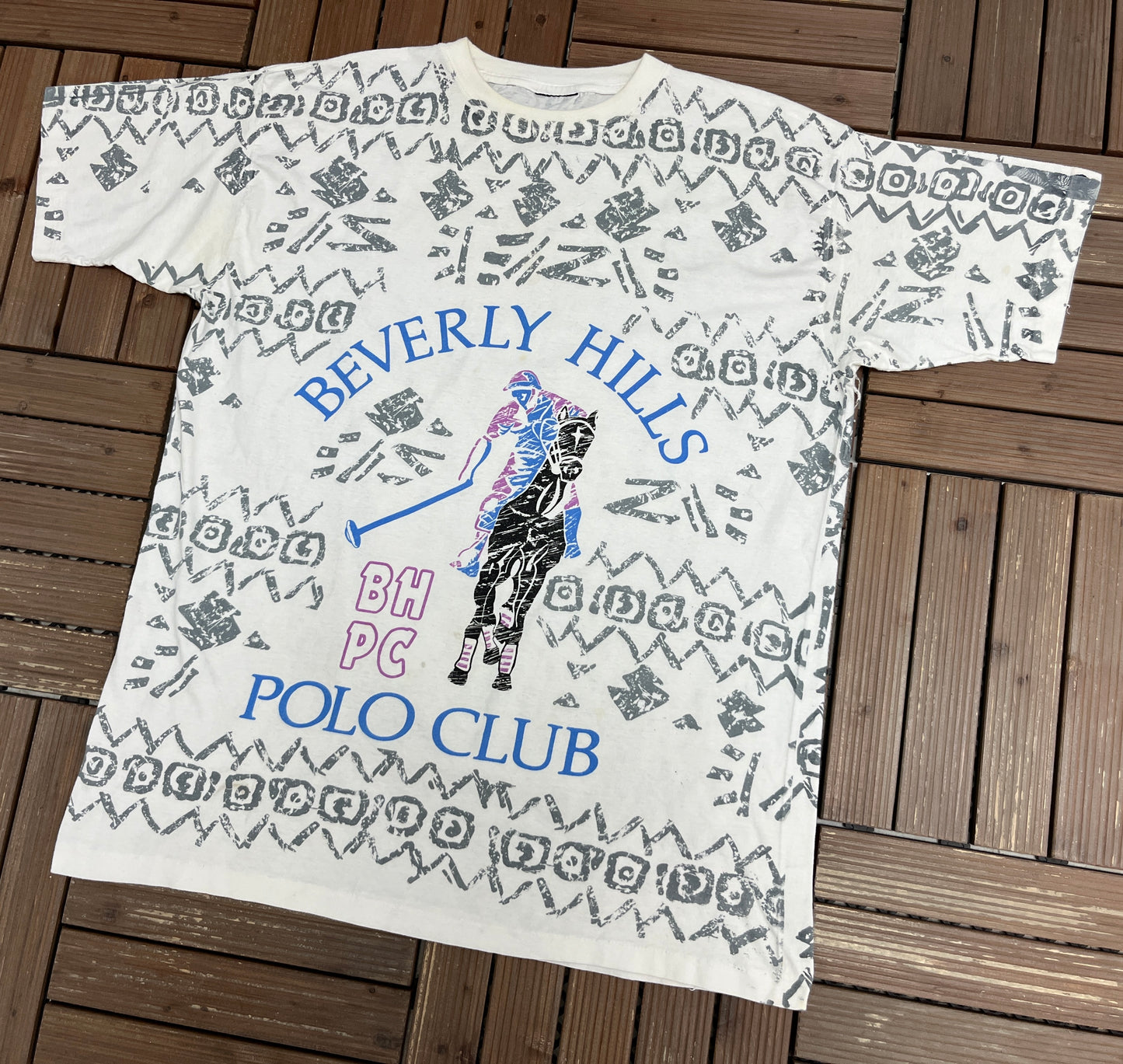 Beverley Hills Polo Club Graphic Tee | Size XX-Large | Vintage 1990s AOP White T-Shirt |