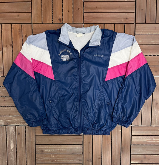 Gloucester Deb. A Provincial Champions 1989-1990 Adidas Graphic Windbreaker | Size Medium | Vintage 1990s Blue Jacket |