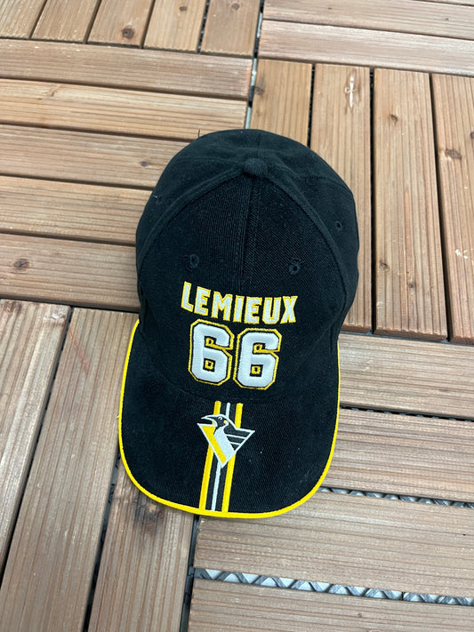 Pittsburgh Penguins Mario Lemieux Graphic Hat | Strap Back | Vintage 2000s NHL Hockey Black Cap |