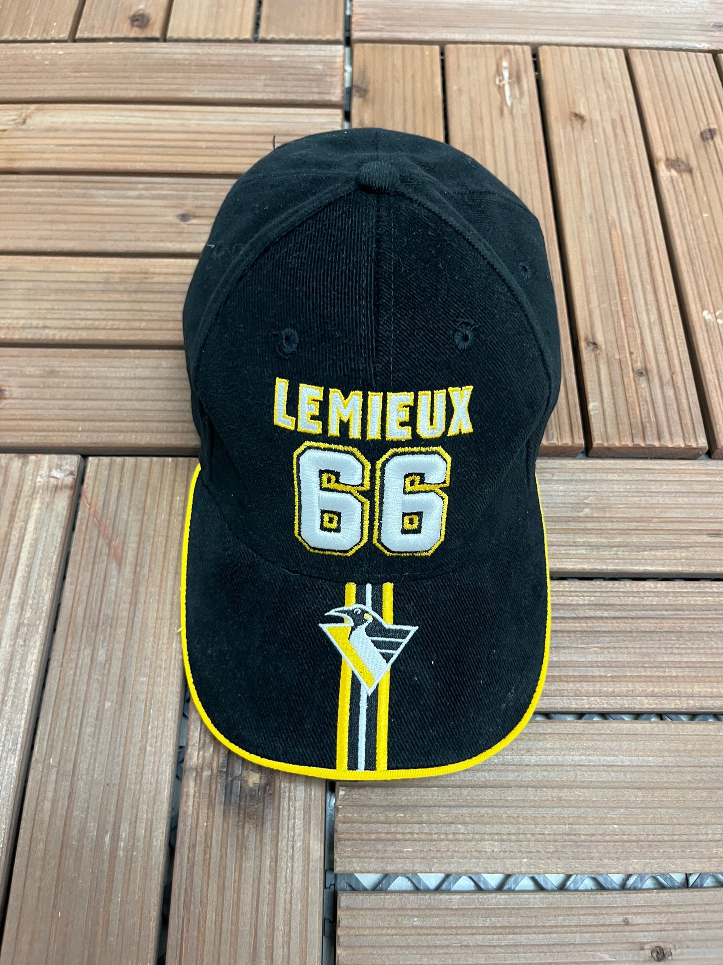 Pittsburgh Penguins Mario Lemieux Graphic Hat | Strap Back | Vintage 2000s NHL Hockey Black Cap |