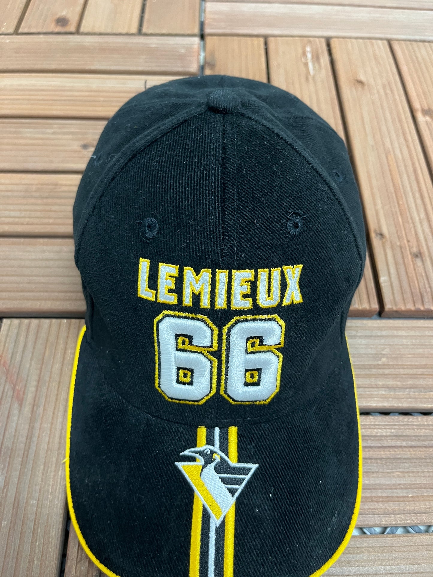 Pittsburgh Penguins Mario Lemieux Graphic Hat | Strap Back | Vintage 2000s NHL Hockey Black Cap |