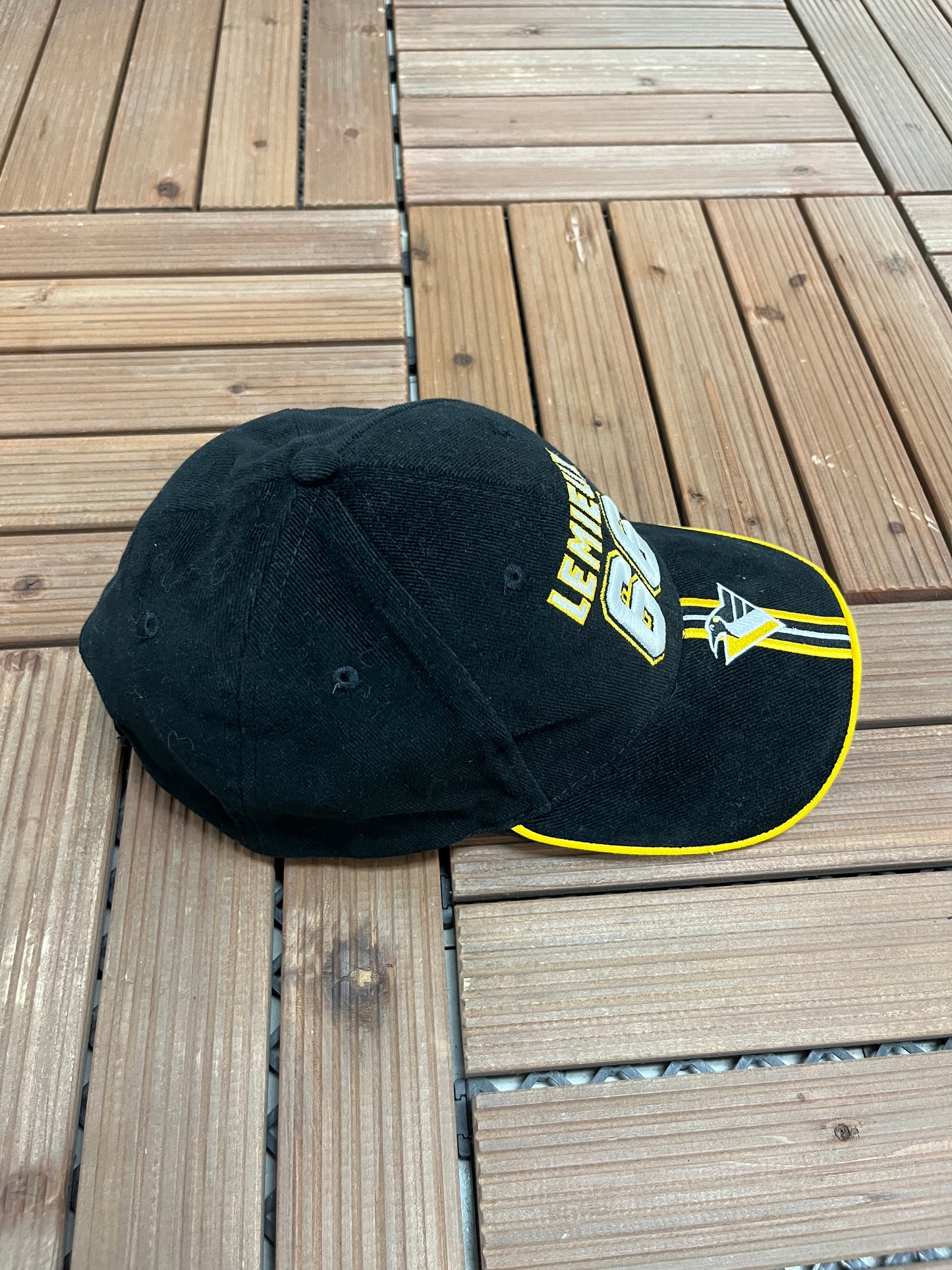 Pittsburgh Penguins Mario Lemieux Graphic Hat | Strap Back | Vintage 2000s NHL Hockey Black Cap |