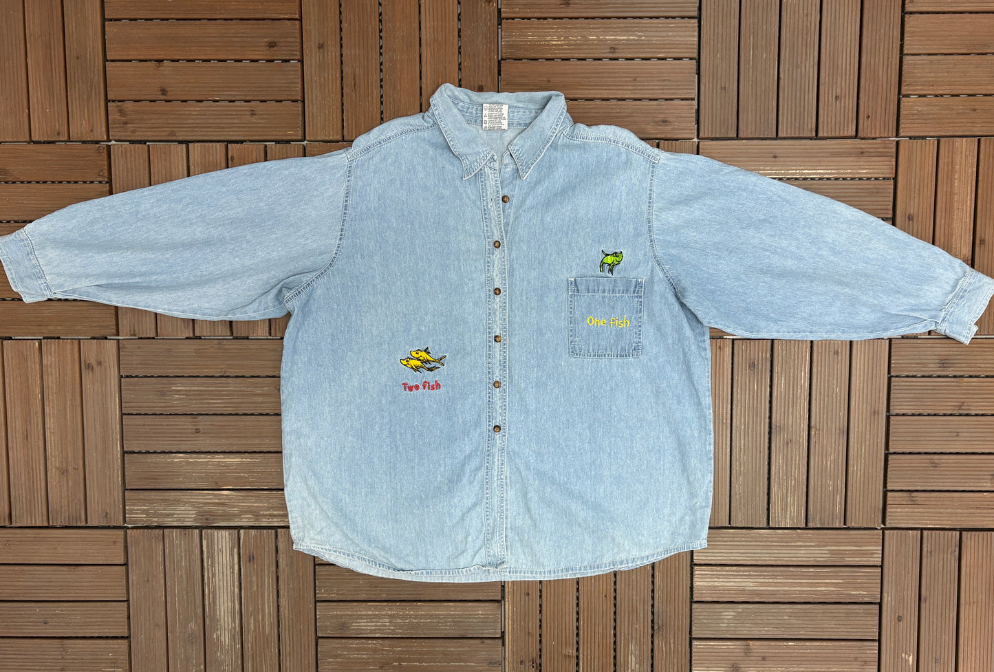 One Fish, Two Fish, Red Fish, Blue Fish Denim Jacket | Size XX-Large | Vintage 1990s Promotional Blue Jean Jacket |