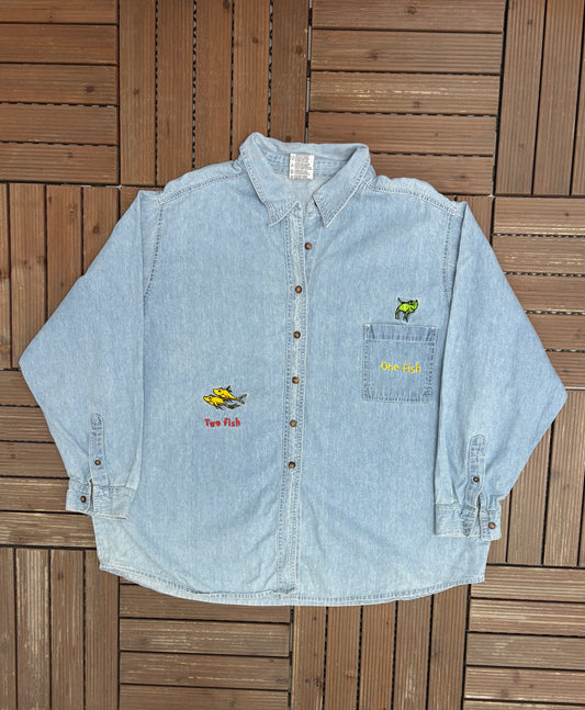 One Fish, Two Fish, Red Fish, Blue Fish Denim Jacket | Size XX-Large | Vintage 1990s Promotional Blue Jean Jacket |