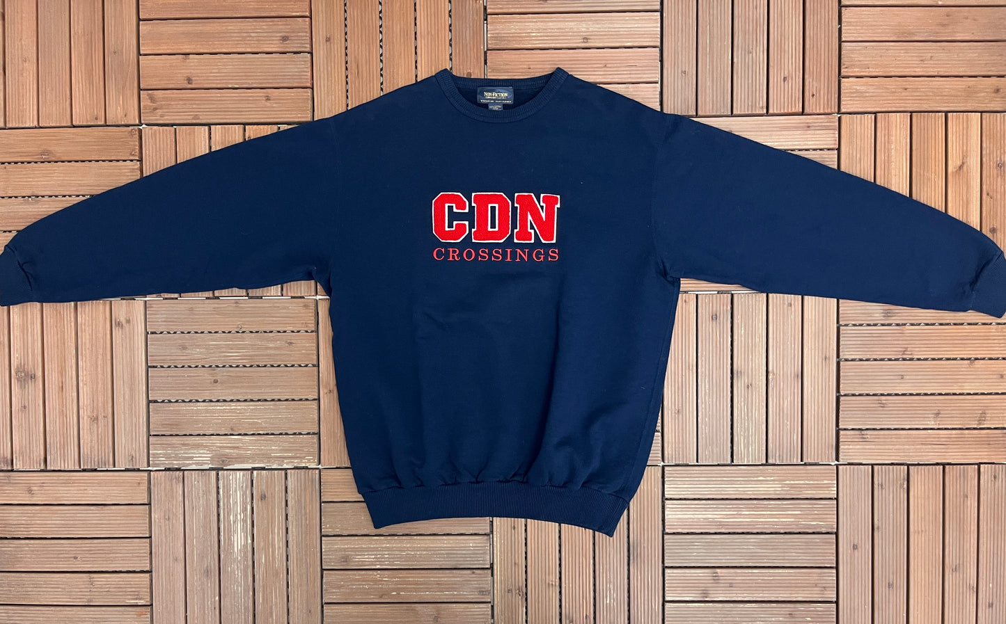 CDN Crossings Felt Stitched Graphic Crewneck | Size Large | Vintage 1990s Promotional Blue Sweatshirt |