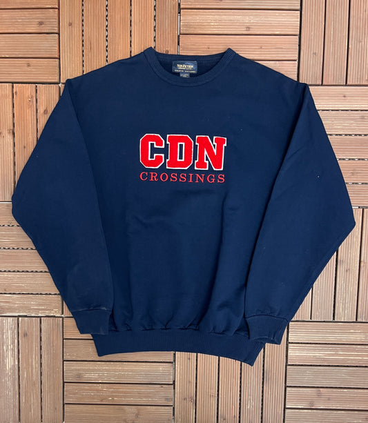 CDN Crossings Felt Stitched Graphic Crewneck | Size Large | Vintage 1990s Promotional Blue Sweatshirt |