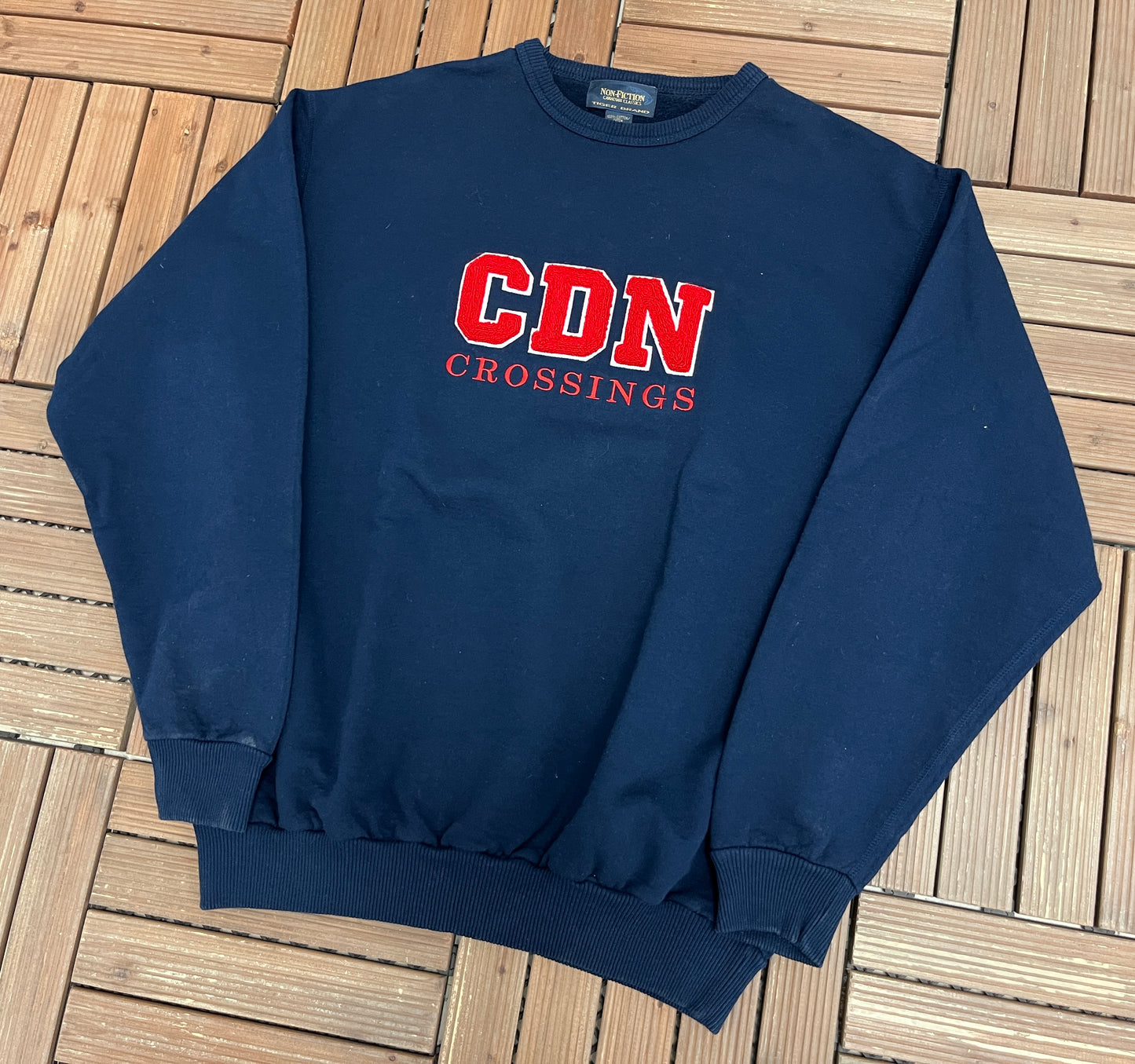 CDN Crossings Felt Stitched Graphic Crewneck | Size Large | Vintage 1990s Promotional Blue Sweatshirt |