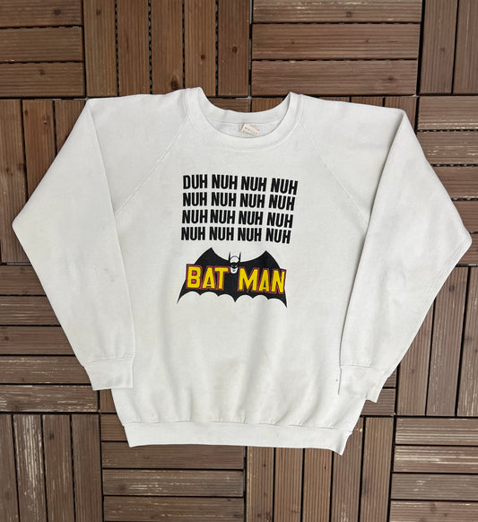 Batman Duh Nuh Nuh Nuh Graphic Crewneck | Size X-Large | Vintage 1980s DC Comics Promotional White Sweater |