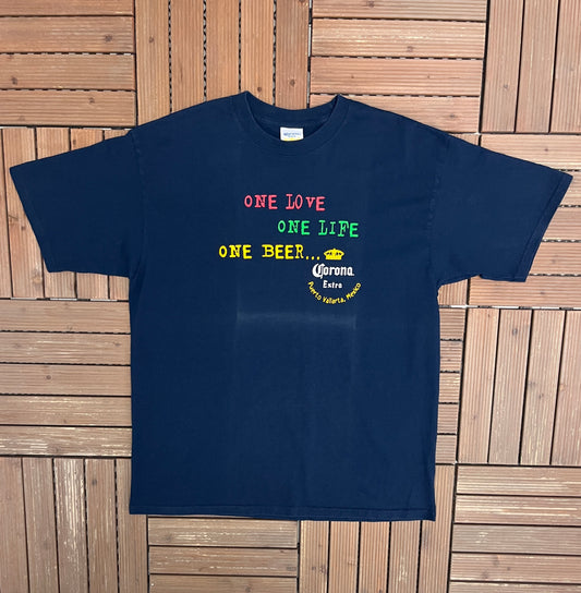 Corona Extra One Love One Life One Beer Graphic Tee | Size X-Large | Vintage 2000s Alcohol Promotional Blue T-Shirt |