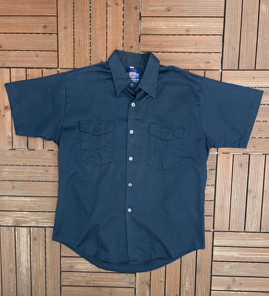 Big B Blue Button Down Tee | Size Large | Vintage 1990s Button Down Work Blue T-Shirt |