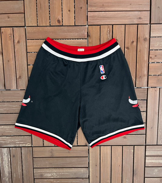 Chicago Bulls Champion Graphic Shorts | Size Medium | Vintage 1990s NBA Basketball Black Shorts |