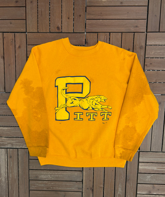 Pitt Panthers Graphic Crewneck | Size Large | Vintage 1980s College Yellow Sweater |