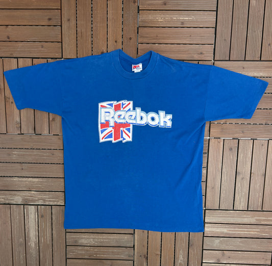 Reebok Union Jack Graphic Tee | Size X-Large | Vintage 1990s Branded Blue T-Shirt |