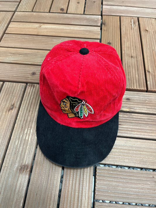 Chicago Blackhawks Corduroy Graphic Hat | Snap Back | Vintage 1990s NHL Hockey Red Cap |