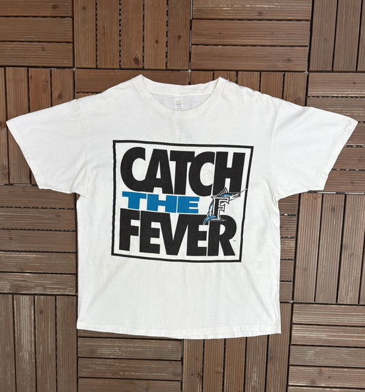 Florida Marlins Catch The Fever Graphic Tee | Size X-Large | Vintage 2000s White MLB Baseball T-Shirt |