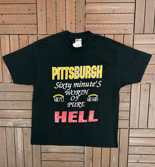Pittsburgh Steelers Sixty Minutes of Pure Hell Graphic Tee | Size X-Large | Vintage 1990s NFL Football Black T-Shirt |