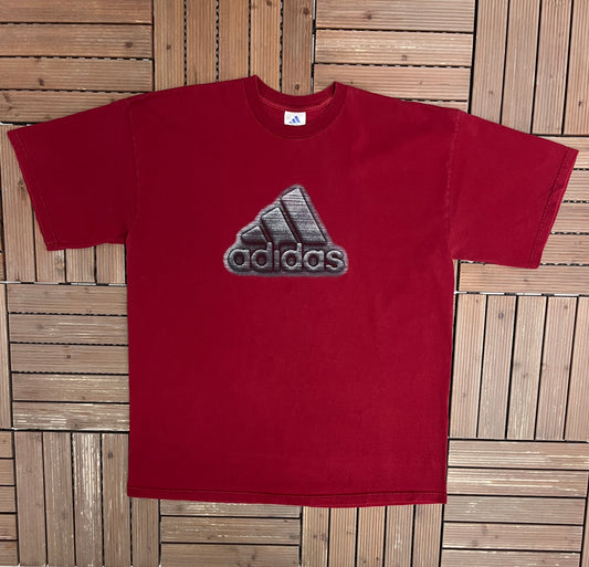 Adidas Three Stripe Logo Graphic Tee | Size XX-Large | Vintage 1990s Red Branded T-Shirt |