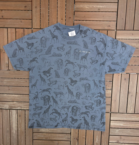 Potawatomi Zoo South Bend, Indiana Graphic Tee | Size X-Large | Vintage 2000s All Over Animal Blue T-Shirt |
