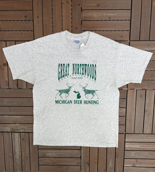 Great Northwoods Safari Michigan Deer Hunting Graphic Tee | Size X-Large | Vintage 1990s Grey T-Shirt |