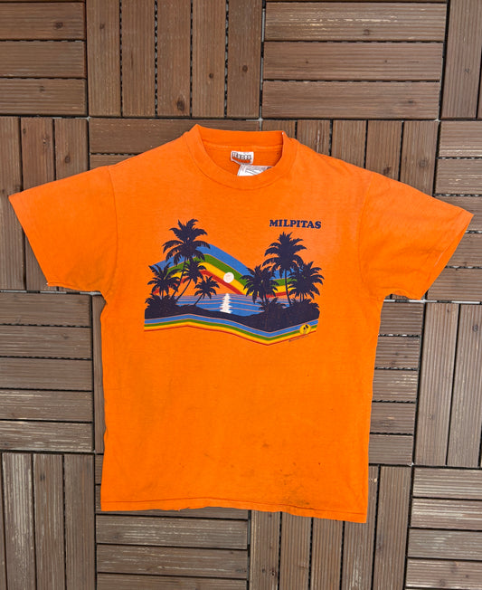 Milpitas, California Graphic Tee | Size Large | Vintage 1980s Tourist Orange T-Shirt |