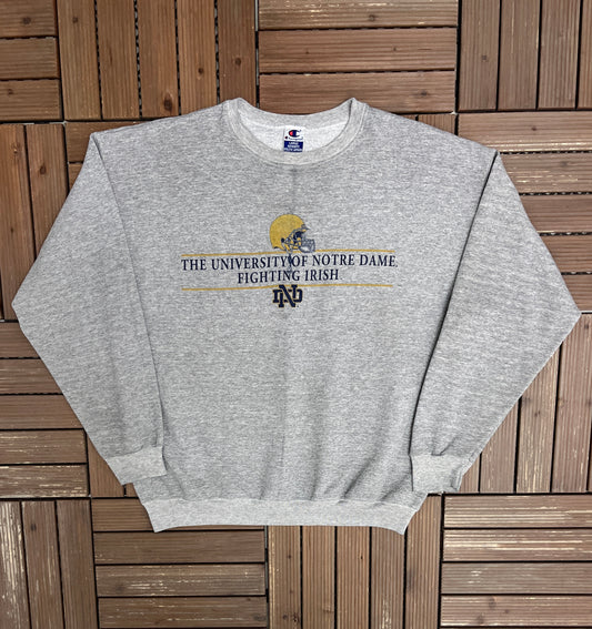 Notre Dame Fighting Irish Graphic Crewneck | Size Large | Vintage 1990s College Sports Grey Sweater |