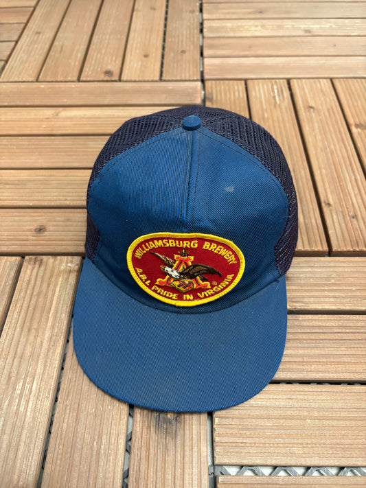 Anheuser-Busch Williamsburg Brewery Graphic Hat | Snap Back | Vintage 1990s Beer Alcohol Promotional Blue Trucker Cap |