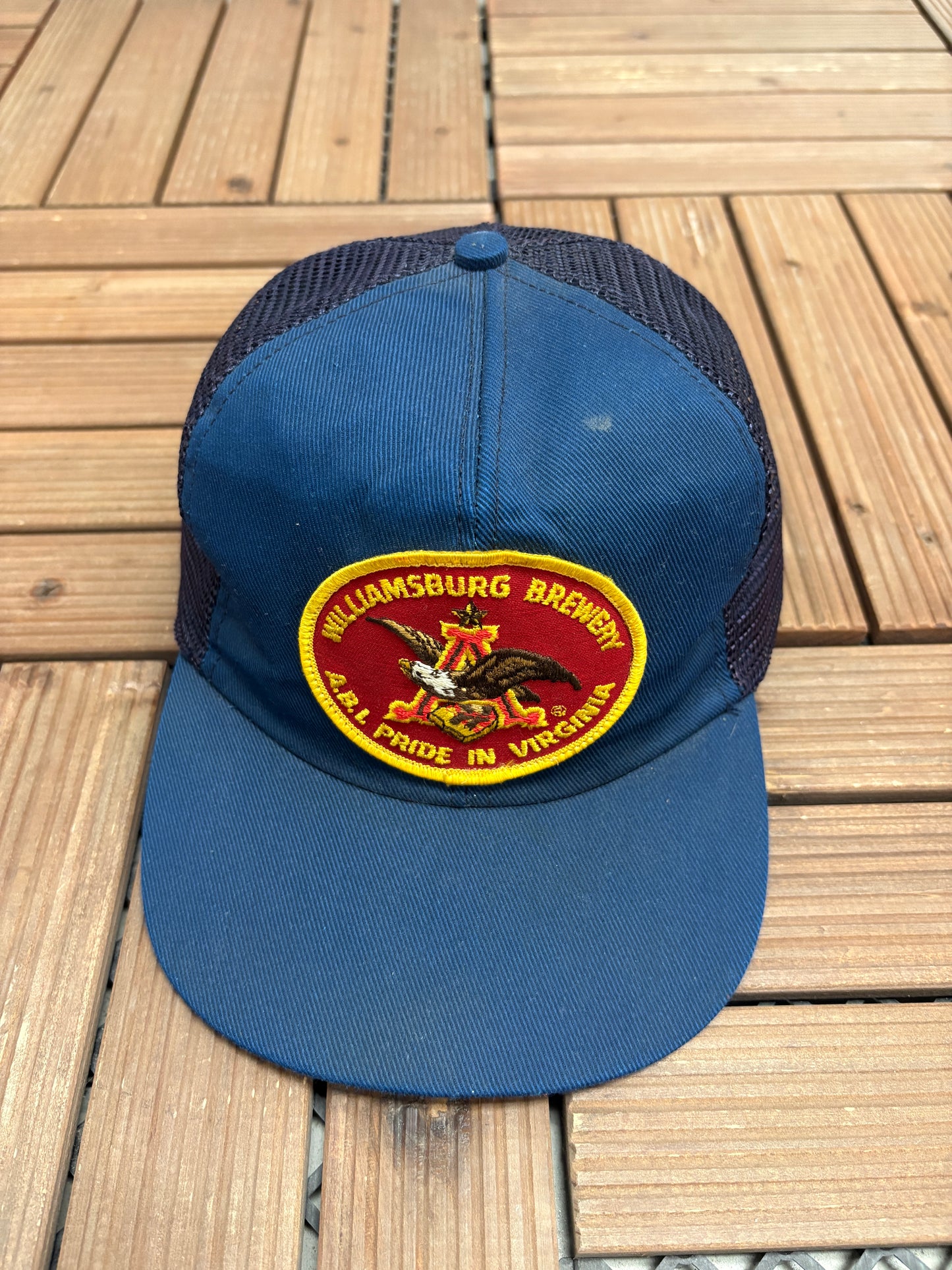 Anheuser-Busch Williamsburg Brewery Graphic Hat | Snap Back | Vintage 1990s Beer Alcohol Promotional Blue Trucker Cap |