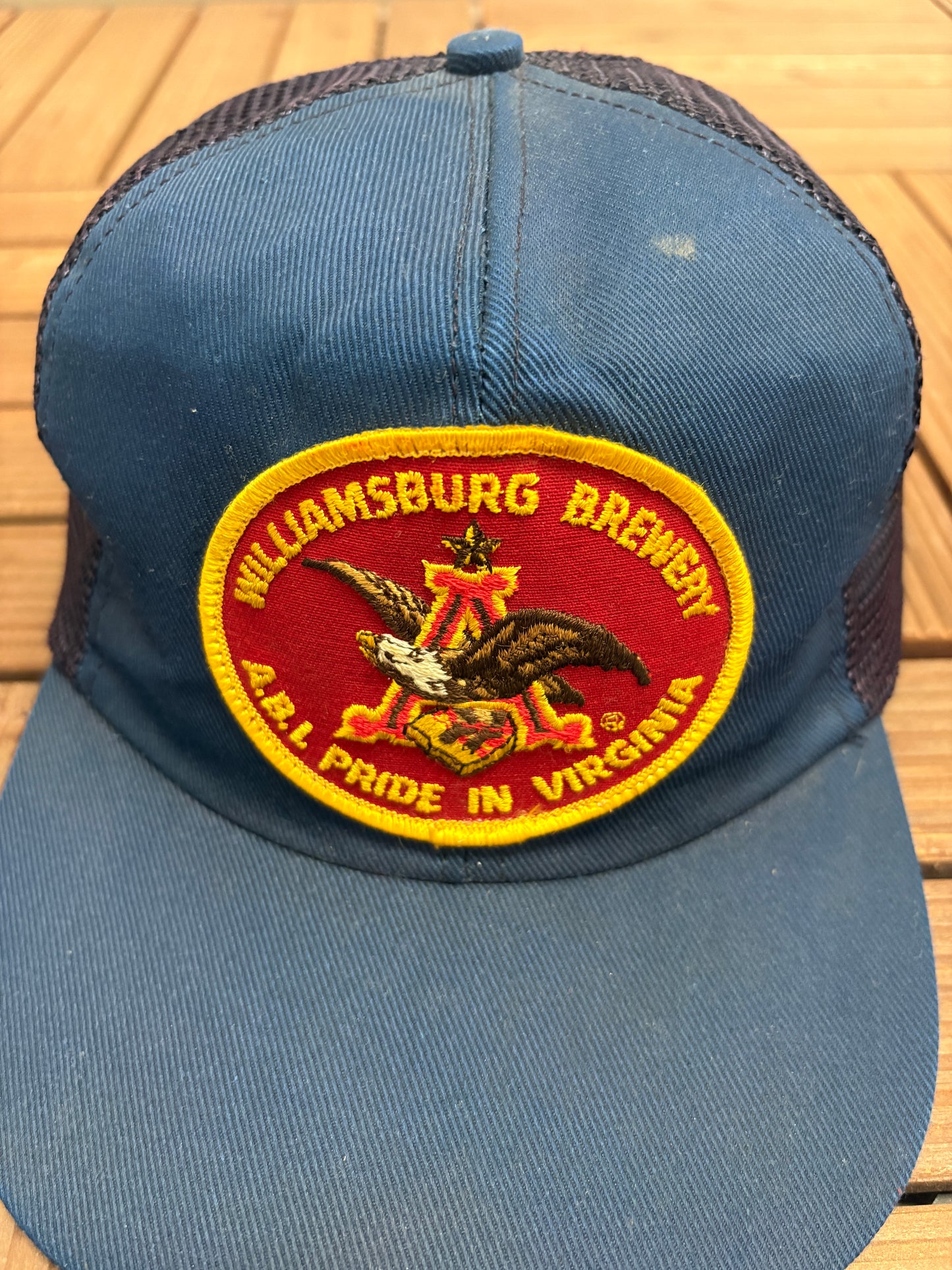 Anheuser-Busch Williamsburg Brewery Graphic Hat | Snap Back | Vintage 1990s Beer Alcohol Promotional Blue Trucker Cap |