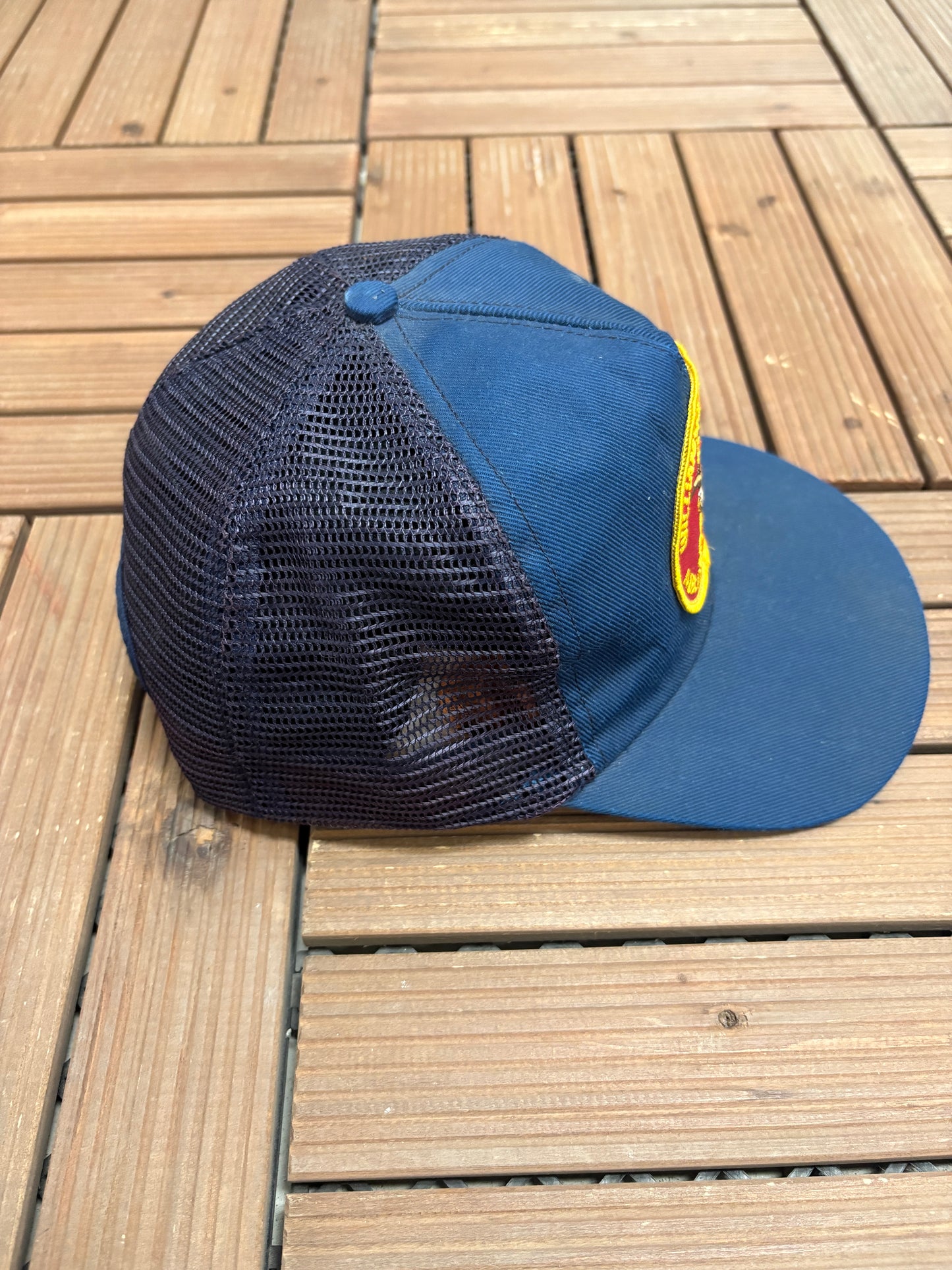 Anheuser-Busch Williamsburg Brewery Graphic Hat | Snap Back | Vintage 1990s Beer Alcohol Promotional Blue Trucker Cap |