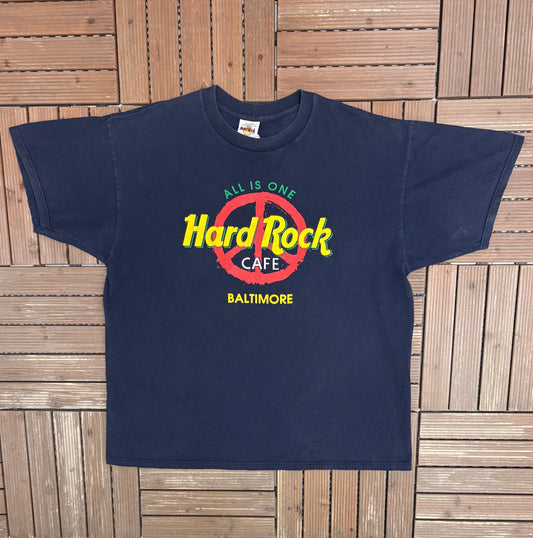Hard Rock Cafe Baltimore Graphic Tee | Size X-Large | Vintage 1990s Promotional Blue T-Shirt |