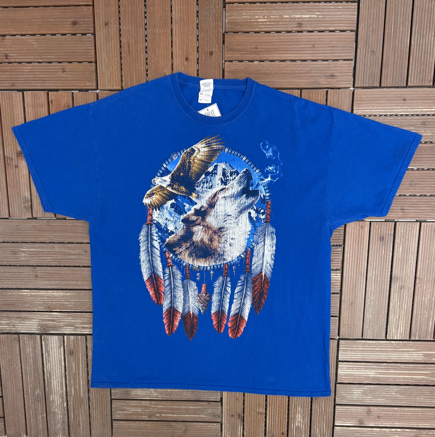 Wolf & Eagle Dreamcatcher Graphic Tee | Size XX-Large | Vintage 2000s Animal Blue T-Shirt |