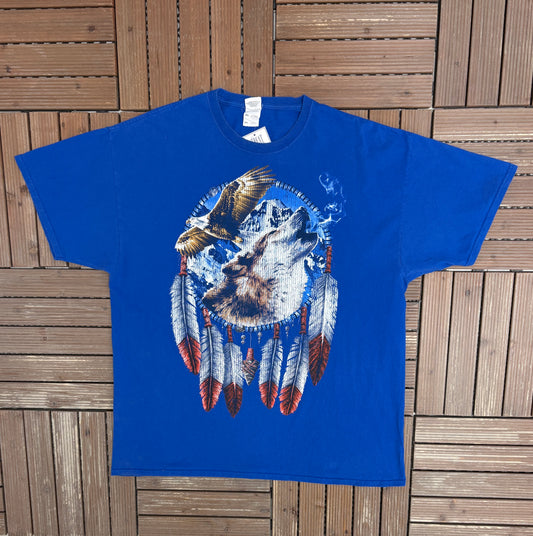 Wolf & Eagle Dreamcatcher Graphic Tee | Size XX-Large | Vintage 2000s Animal Blue T-Shirt |