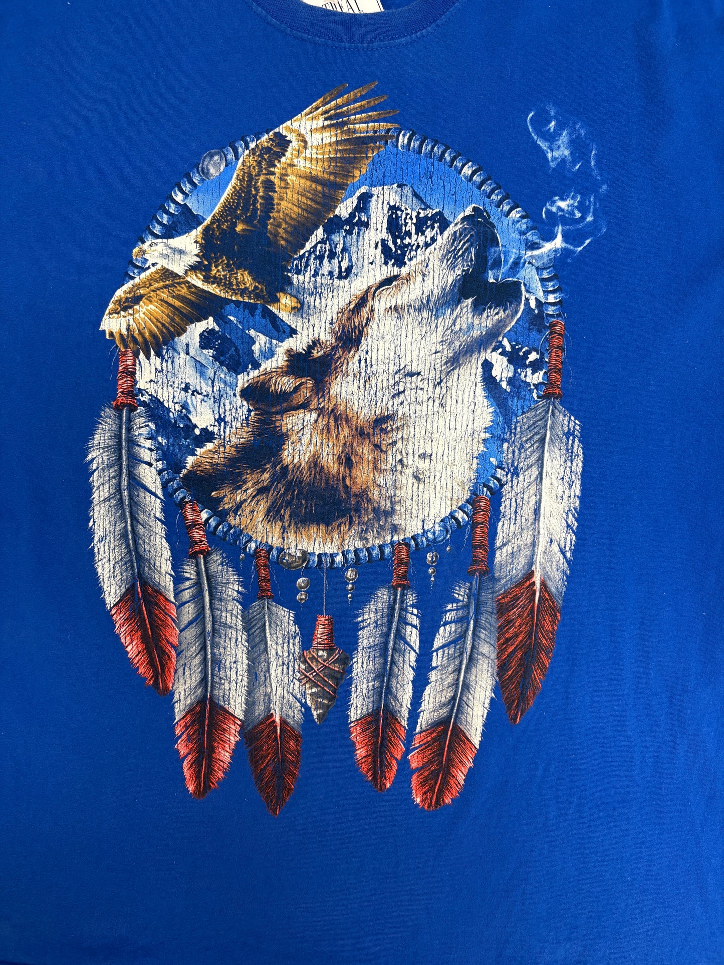 Wolf & Eagle Dreamcatcher Graphic Tee | Size XX-Large | Vintage 2000s Animal Blue T-Shirt |
