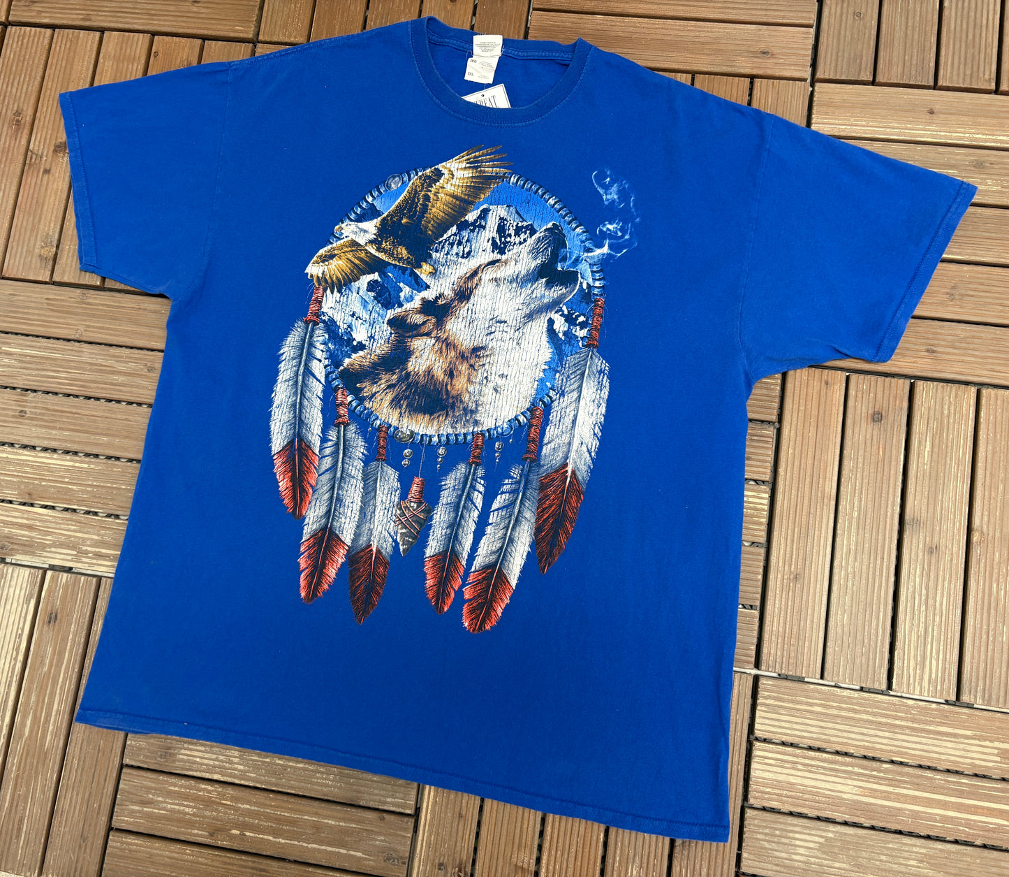 Wolf & Eagle Dreamcatcher Graphic Tee | Size XX-Large | Vintage 2000s Animal Blue T-Shirt |