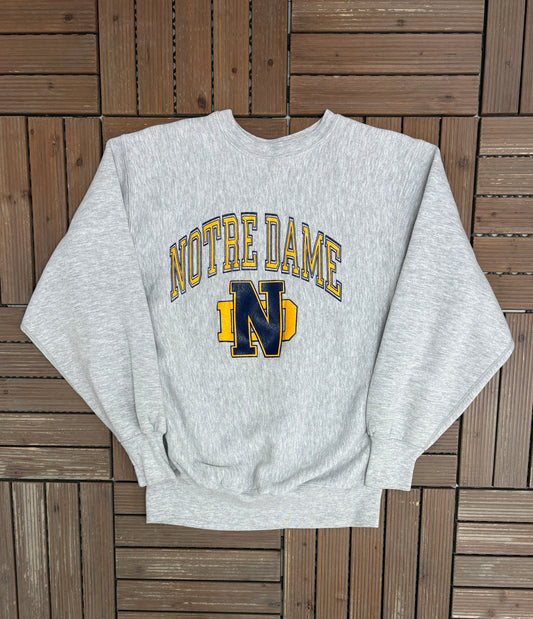 Notre Dame Fighting Irish Graphic Crewneck | Size X-Large | Vintage 1990s Reverse Weave College Grey Sweater |