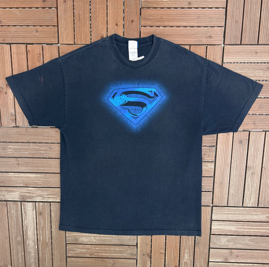 Superman Logo Graphic Tee | Size X-Large | Vintage 2000s Blue Superhero T-Shirt |