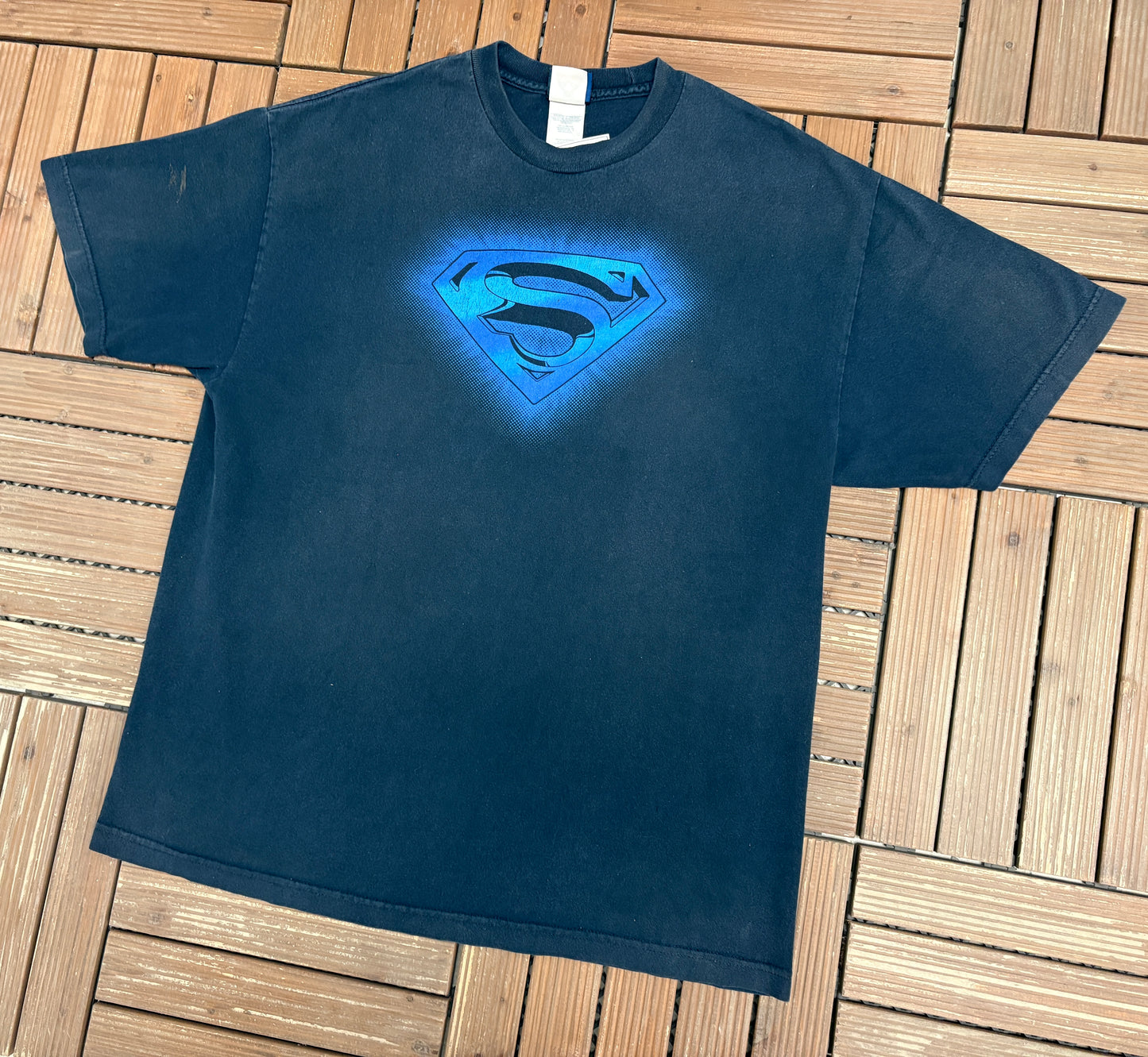 Superman Logo Graphic Tee | Size X-Large | Vintage 2000s Blue Superhero T-Shirt |