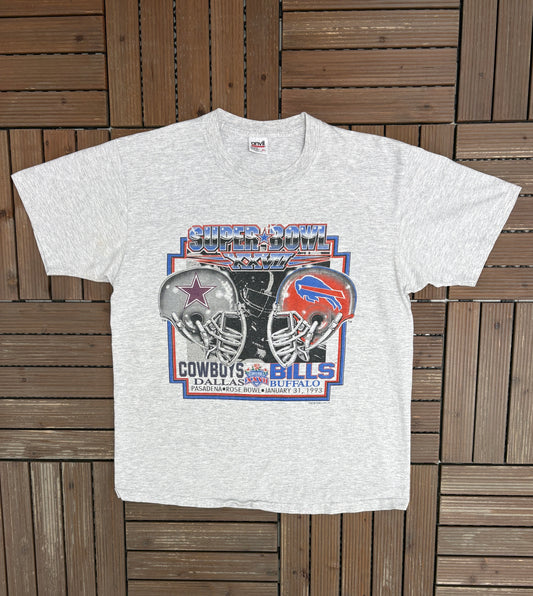 Dallas Cowboys vs. Buffalo Bills Super Bowl XXVII Graphic Tee | Size X-Large | Vintage 1990s NFL Football Grey T-Shirt |